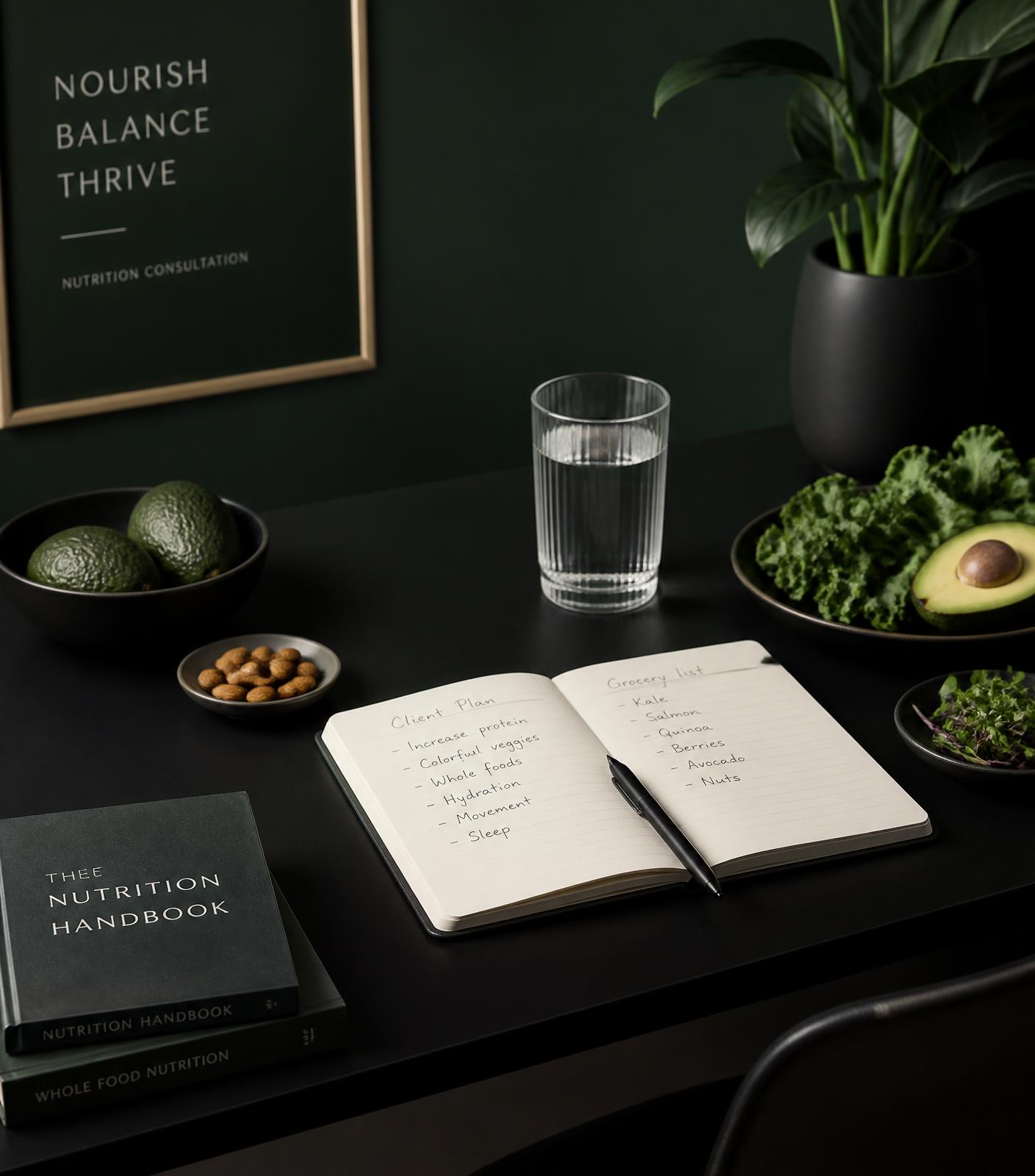 Mesa de consultório com plano alimentar, alimentos in natura e água